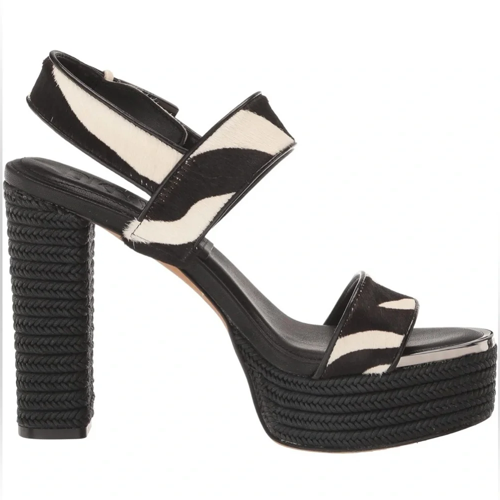 DKNY Yadira Double Strap Platform Heeled Sandal Black White Zebra Print Size 9